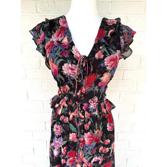 Paige 100% Silk Floral Midi Dress Black Ruffle Sleeve Smocked Waist Boho NWT  XS - Picture 4 of 11